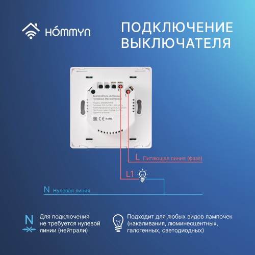 Комплект два умных одноклавишных выключателя HOMMYN 2SWZBNN01W