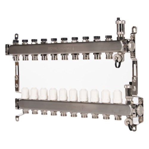 Коллектор Royal Thermo нерж. в сборе универсальный 1" ВР-3/4" НР с автомат. воздухоотвод-ми 10 вых.