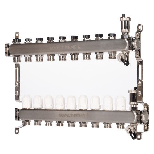 Коллектор Royal Thermo нерж. в сборе универсальный 1" ВР-3/4" НР с автомат. воздухоотвод-ми 9 вых.