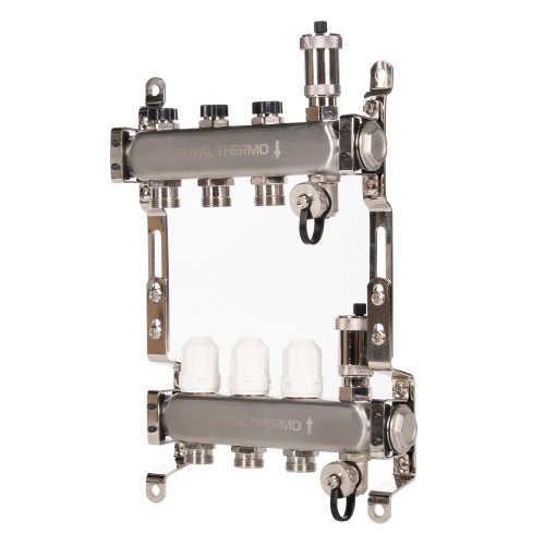 Коллектор Royal Thermo нерж. в сборе универсальный 1" ВР-3/4" НР с автомат. воздухоотвод-ми 3 вых.