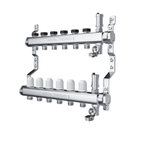 Коллектор Royal Thermo нерж. в сборе универсальный 1" ВР-3/4" НР с автомат. воздухоотвод-ми 7 вых.
