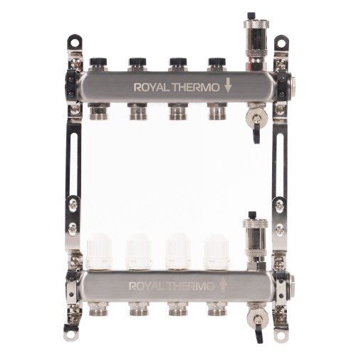Коллектор Royal Thermo нерж. в сборе универсальный 1" ВР-3/4" НР с автомат. воздухоотвод-ми 4 вых.