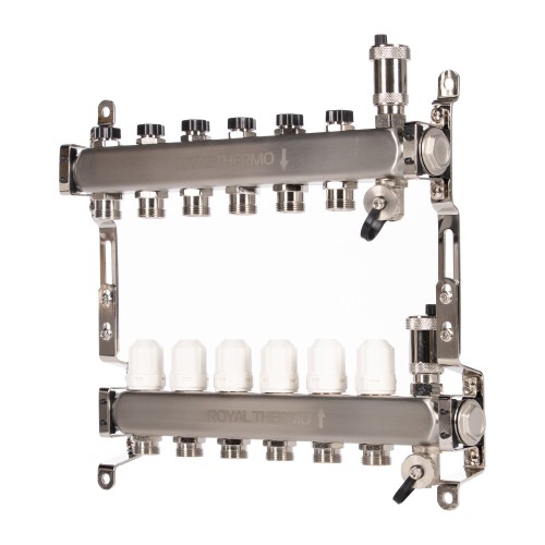 Коллектор Royal Thermo нерж. в сборе универсальный 1" ВР-3/4" НР с автомат. воздухоотвод-ми 6 вых.