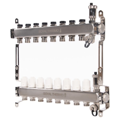 Коллектор Royal Thermo нерж. в сборе универсальный 1" ВР-3/4" НР с автомат. воздухоотвод-ми 8 вых.