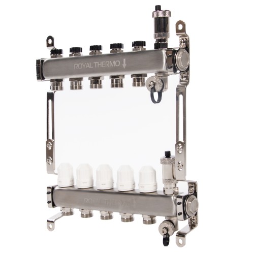 Коллектор Royal Thermo нерж. в сборе универсальный 1" ВР-3/4" НР с автомат. воздухоотвод-ми 5 вых.