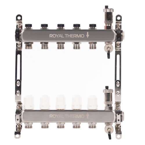 Коллектор Royal Thermo нерж. в сборе универсальный 1" ВР-3/4" НР с автомат. воздухоотвод-ми 5 вых.