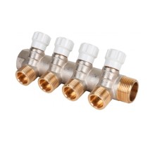 Коллектор латунный MVI 1"x3/4"x4 выхода, с регулирующими вентилями