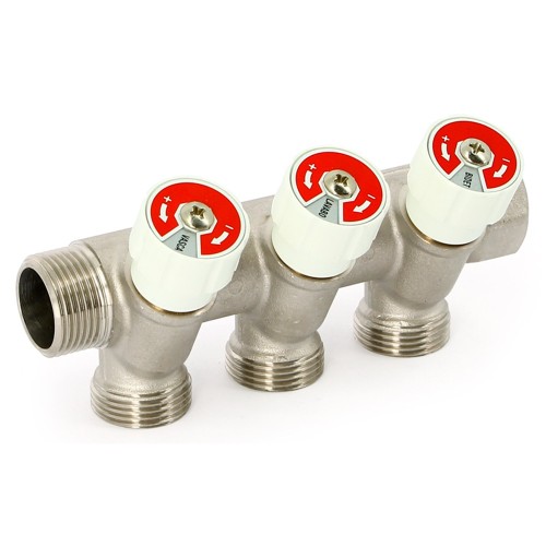 Коллектор Uni-Fitt НВ 3/4"х3 вых 1/2" 40 мм с вентилями, никелированный