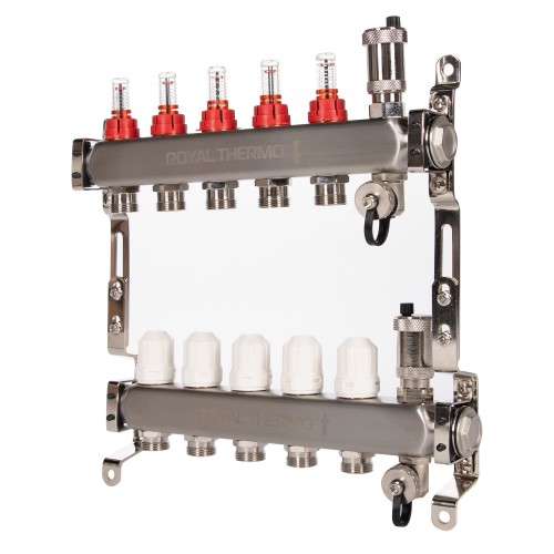 Коллектор Royal Thermo нерж. в сборе с расходомерами 1" ВР-3/4" НР с автомат. воздухоотвод-ми 5 вых.