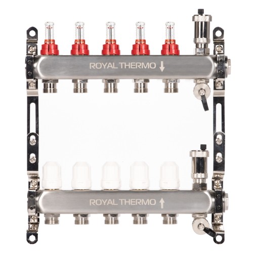 Коллектор Royal Thermo нерж. в сборе с расходомерами 1" ВР-3/4" НР с автомат. воздухоотвод-ми 5 вых.