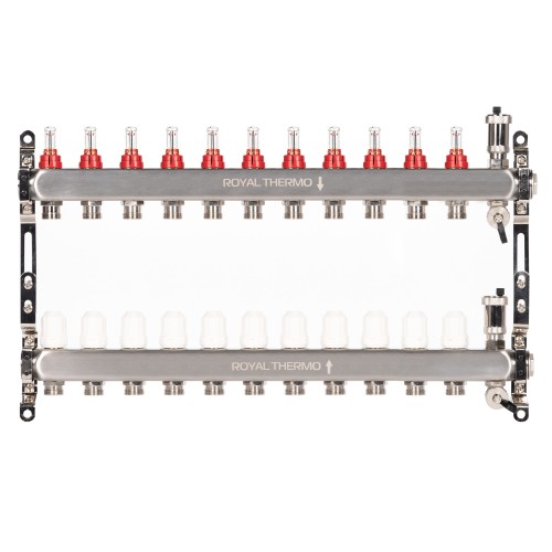 Коллектор Royal Thermo нерж. в сборе с расходомерами 1" ВР-3/4" НР с автомат.воздухоотвод-ми 11 вых.