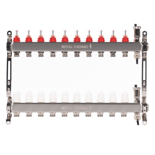 Коллектор Royal Thermo нерж. в сборе с расходомерами 1" ВР-3/4" НР с автомат.воздухоотвод-ми 10 вых.