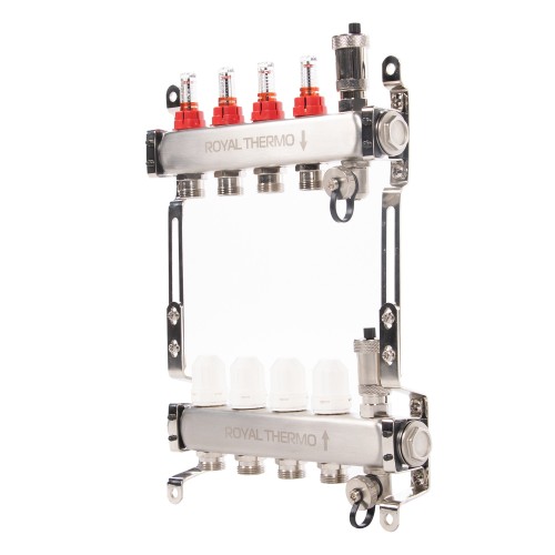 Коллектор Royal Thermo нерж. в сборе с расходомерами 1" ВР-3/4" НР с автомат. воздухоотвод-ми 4 вых.