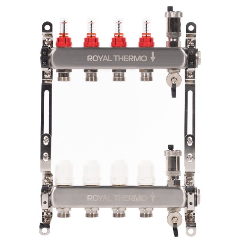 Коллектор Royal Thermo нерж. в сборе с расходомерами 1" ВР-3/4" НР с автомат. воздухоотвод-ми 4 вых.
