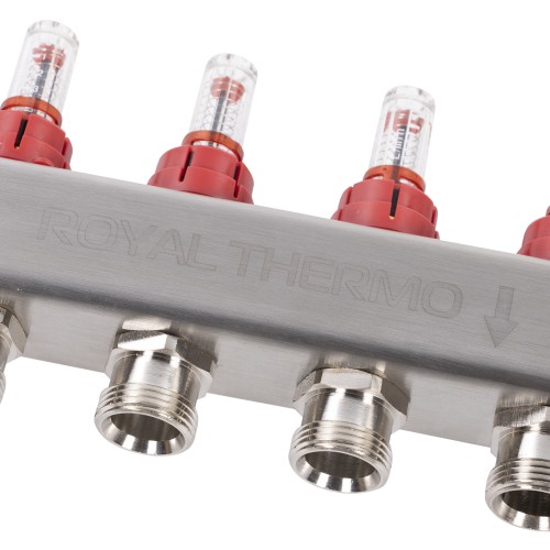 Коллектор Royal Thermo нерж. в сборе с расходомерами 1" ВР-3/4" НР с автомат. воздухоотвод-ми 4 вых.