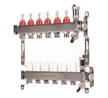 Коллектор Royal Thermo нерж. в сборе с расходомерами 1" ВР-3/4" НР с автомат. воздухоотвод-ми 6 вых.