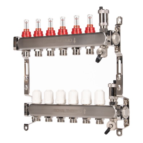 Коллектор Royal Thermo нерж. в сборе с расходомерами 1" ВР-3/4" НР с автомат. воздухоотвод-ми 6 вых.