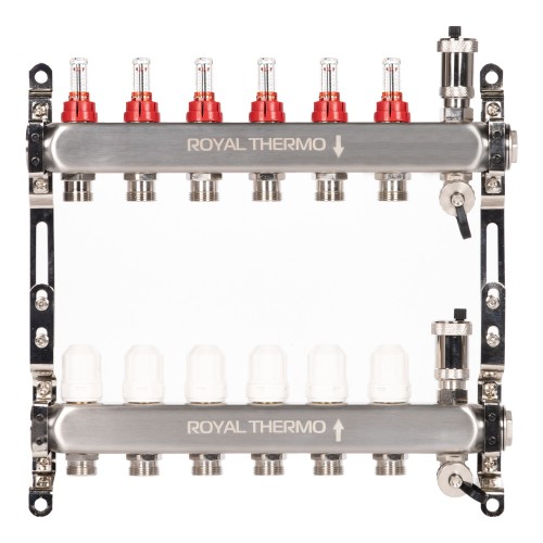 Коллектор Royal Thermo нерж. в сборе с расходомерами 1" ВР-3/4" НР с автомат. воздухоотвод-ми 6 вых.
