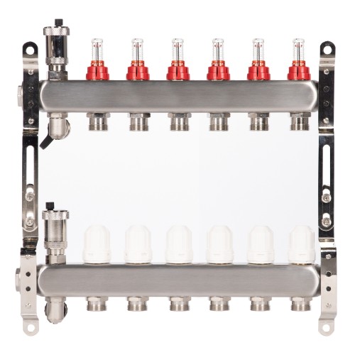 Коллектор Royal Thermo нерж. в сборе с расходомерами 1" ВР-3/4" НР с автомат. воздухоотвод-ми 6 вых.