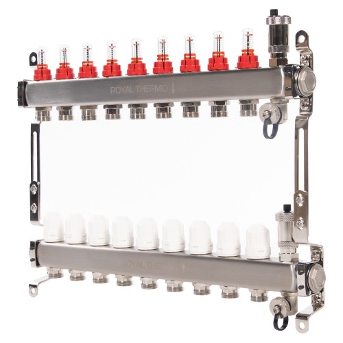 Коллектор Royal Thermo нерж. в сборе с расходомерами 1" ВР-3/4" НР с автомат. воздухоотвод-ми 9 вых.