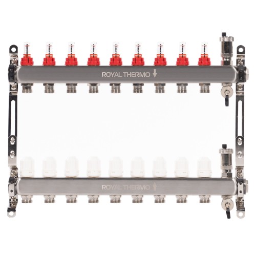 Коллектор Royal Thermo нерж. в сборе с расходомерами 1" ВР-3/4" НР с автомат. воздухоотвод-ми 9 вых.