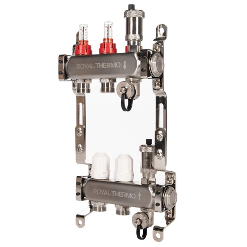 Коллектор Royal Thermo нерж. в сборе с расходомерами 1" ВР-3/4" НР с автомат. воздухоотвод-ми 2 вых.
