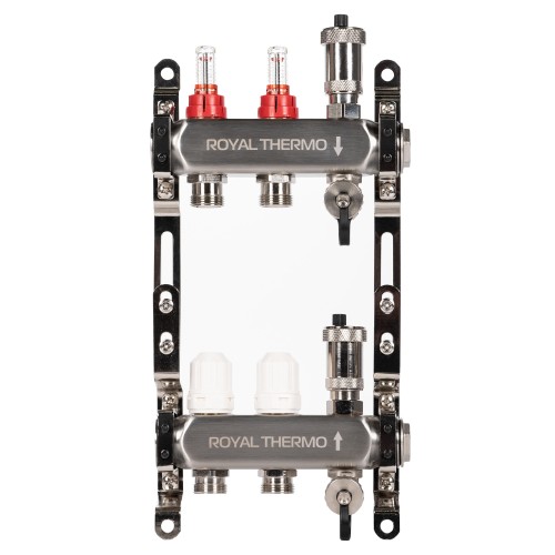 Коллектор Royal Thermo нерж. в сборе с расходомерами 1" ВР-3/4" НР с автомат. воздухоотвод-ми 2 вых.