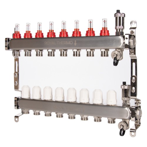 Коллектор Royal Thermo нерж. в сборе с расходомерами 1" ВР-3/4" НР с автомат. воздухоотвод-ми 8 вых.