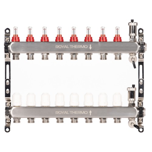 Коллектор Royal Thermo нерж. в сборе с расходомерами 1" ВР-3/4" НР с автомат. воздухоотвод-ми 8 вых.