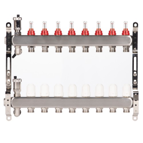 Коллектор Royal Thermo нерж. в сборе с расходомерами 1" ВР-3/4" НР с автомат. воздухоотвод-ми 8 вых.