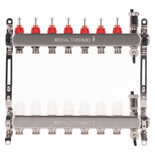 Коллектор Royal Thermo нерж. в сборе с расходомерами 1" ВР-3/4" НР с автомат. воздухоотвод-ми 7 вых.
